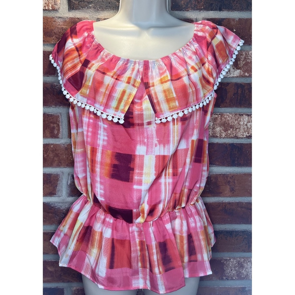 NWT Plaid Print Ruffle Top By Paper Crane Size L